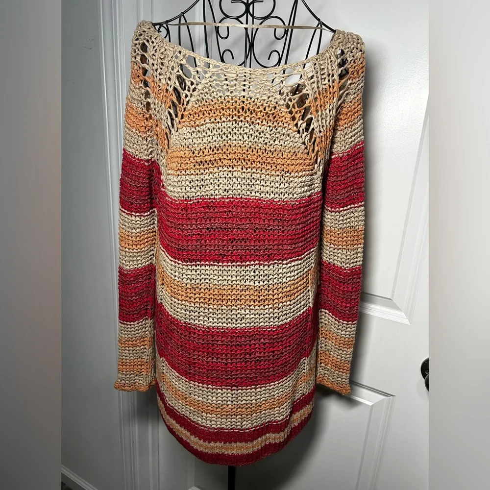 Free People Striped Red and‎ Tan Women's Crochet Sweater